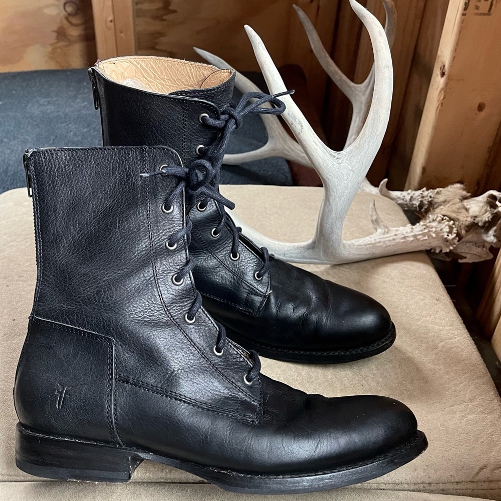 Vintage Frye Combat Boots Leather Moto Biker Lace Jaime Artisan Punk 7.5 Black